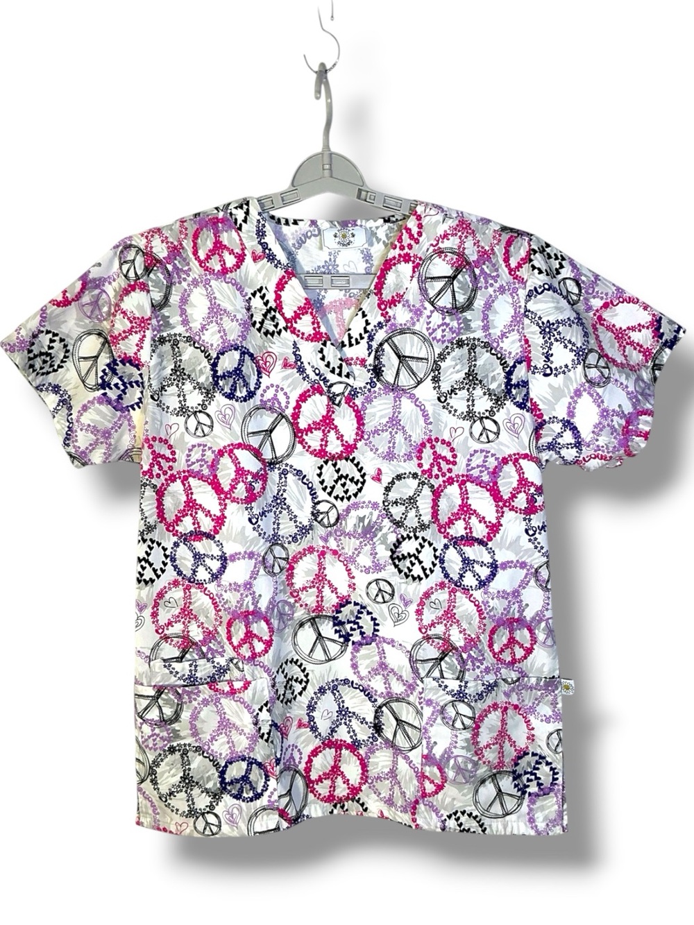 Happy Scrubs Top Peace Sign Top Cotton Blend Purple Pink Multicolor Women Medium - Picture 12 of 12